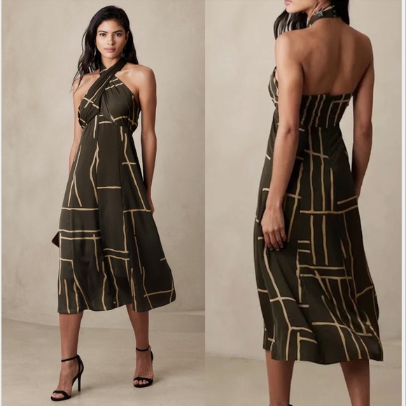 Banana Republic Factory NEW Halter Midi Dress Cross-front Geo Peppercorn Sz 14 - Picture 1 of 12